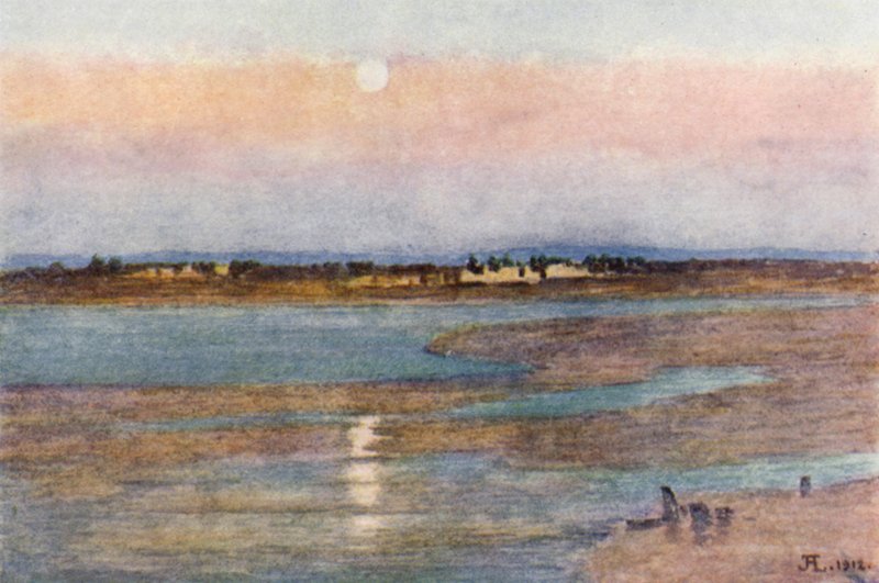 Måneoppgang ved solnedgang, fra La Croix Blanche, Mont St Michel (farge litho) av J. Hardwicke Lewis