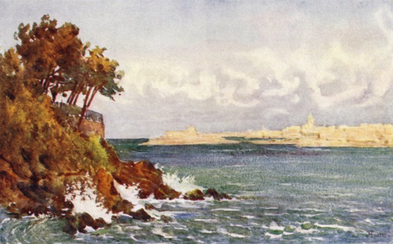 St Malo fra Priory Beach, Dinard (farge litho) av J. Hardwicke Lewis