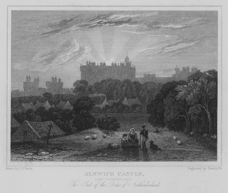 Alnwick Castle, Northumberland, setet til hertugen av Northumberland (gravering) av John Preston Neale