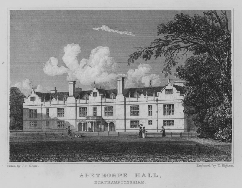 Apethorpe Hall, Northamptonshire (gravering) av John Preston Neale