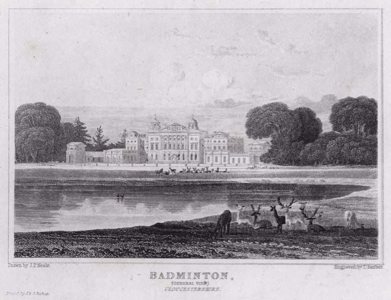 Badminton, generell utsikt, Gloucestershire (gravering) av John Preston Neale