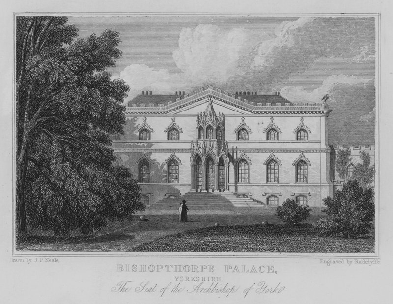 Bishopthorpe Palace, Yorkshire, setet til erkebiskopen av York (gravering) av John Preston Neale