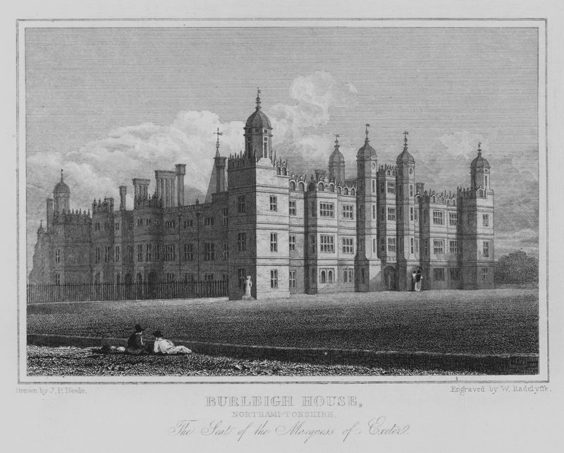 Burleigh House, Northamptonshire, The Seat of the Marquess of Exeter (gravering) av John Preston Neale