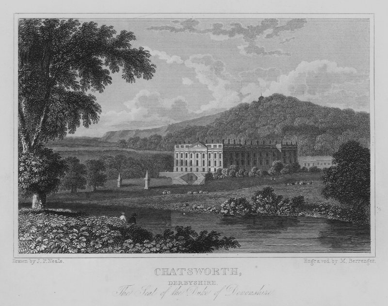 Chatsworth, Derbyshire, setet til hertugen av Devonshire (gravering) av John Preston Neale