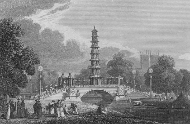 Chinese Pagoda and Bridge, i St James's Park, Middlesex, slik den så ut 1. august 1814 (gravering) av John Preston Neale