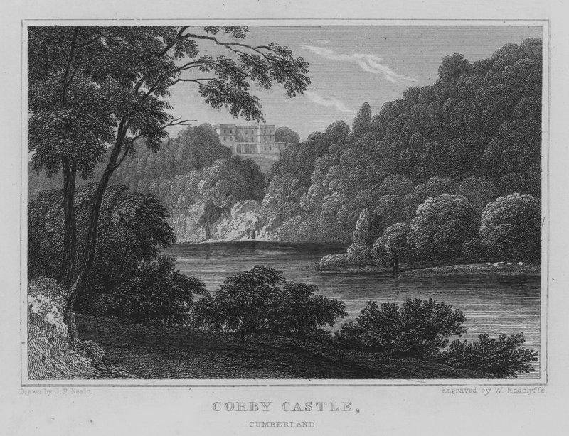 Corby Castle, Cumberland (gravering) av John Preston Neale