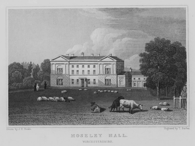 Moseley Hall, Worcestershire (gravering) av John Preston Neale