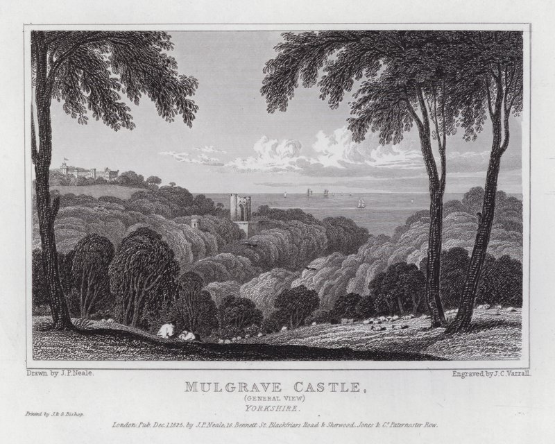 Mulgrave Castle, generell utsikt, Yorkshire (gravering) av John Preston Neale