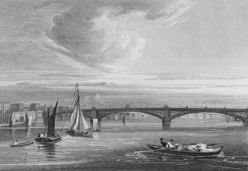 New Iron Bridge, over Themsen fra Queen Street (gravering) av John Preston Neale