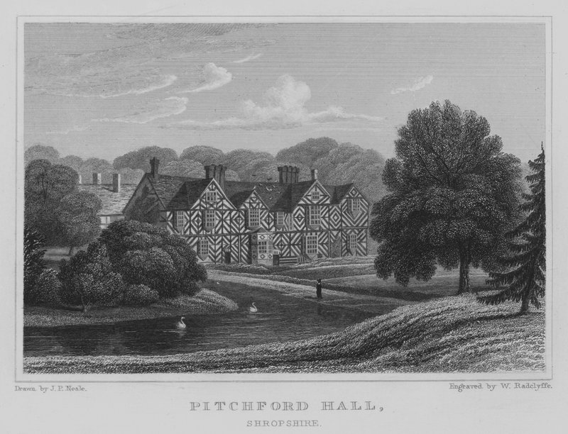 Pitchford Hall, Shropshire (gravering) av John Preston Neale