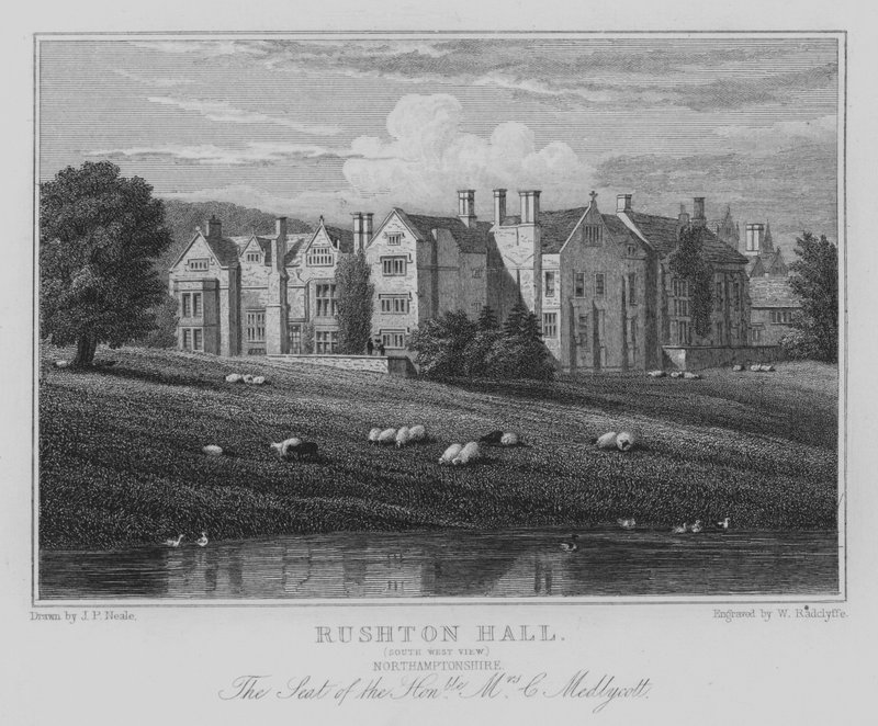 Rushton Hall, South West View, Northamptonshire, Setet til den ærede fru C Medlycott (gravering) av John Preston Neale
