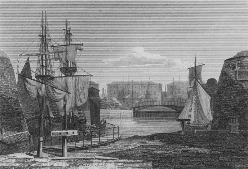 Inngangen til London Docks (gravering) av John Preston Neale