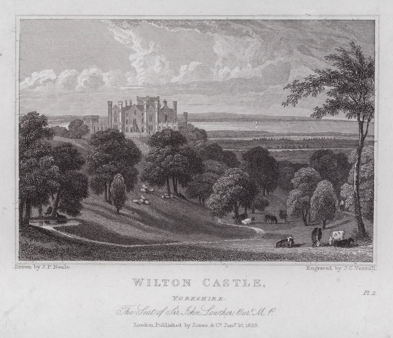 Wilton Castle, Yorkshire, setet til Sir John Lowther (gravering) av John Preston Neale