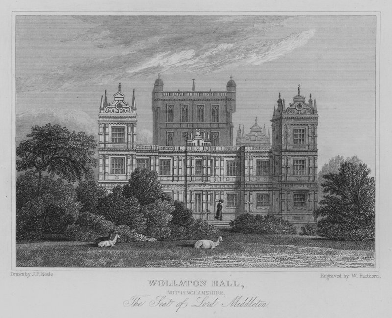 Wollaton Hall, Nottinghamshire, The Seat of Lord Middleton (gravering) av John Preston Neale