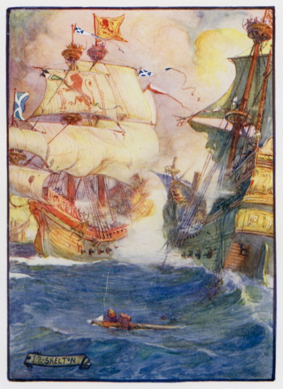 Den skotske marinekapteinen Sir Andrew Wood fra Largo og hans to skip, Yellow Carvel and the Flower, beseiret fire engelske fartøyer utenfor Dunbar, 1489 av J. R. Skelton