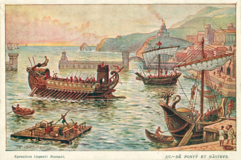 Gammel romersk havn og skip (farge litho) av J. Williamson