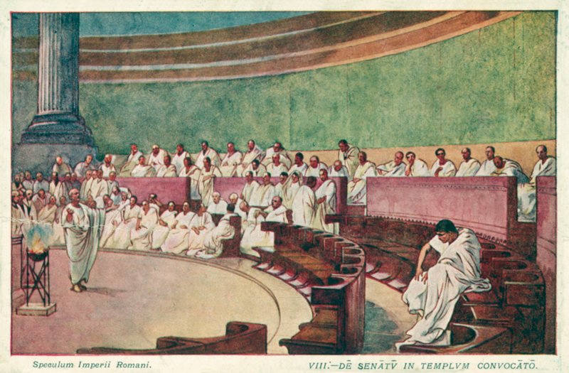 Cicero angriper Catilina i senatet i det gamle Roma (farge litho) av J. Williamson