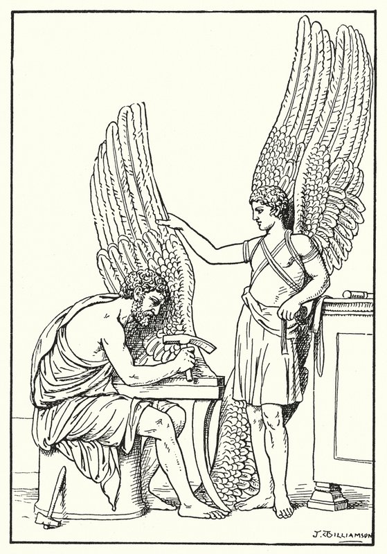 Daedalus og Icarus, fra et basrelieff, Roma (litho) av J. Williamson