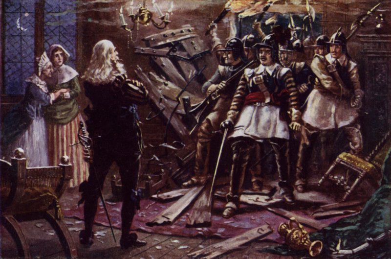 Oliver Cromwells parlamentariske soldater bryter seg inn i huset til en tilhenger av kong Charles I (farge litho) av J. Williamson