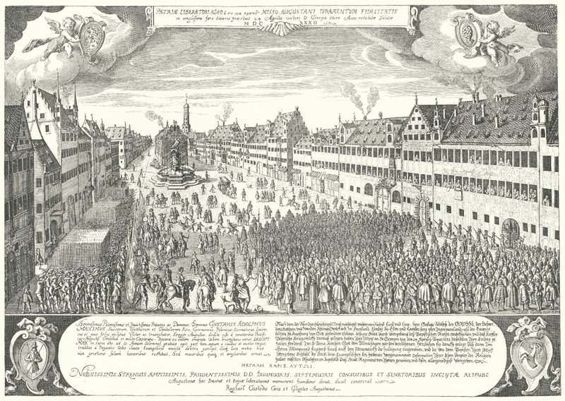 Byen Augsburg hyller Gustavus Adolphus av Sverige av Jacob Custodis
