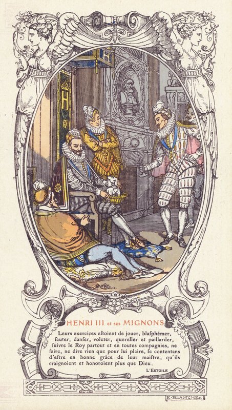 Kong Henry III av Frankrike og hans favoritter, Mignons (farge litho) av Jacques Emile (after) Blanche