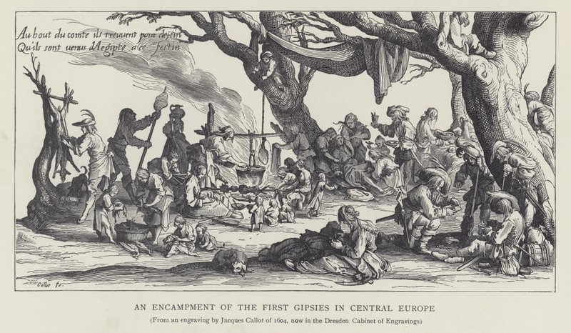 Et leirsted for de første sigøynerne i Sentral-Europa (litho) av Jacques (after) Callot