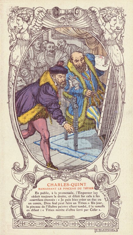 Charles V plukket opp Tizians pensel etter at han mistet den mens han jobbet med et portrett av keiseren (farge litho) av Jacques Emile (after) Blanche