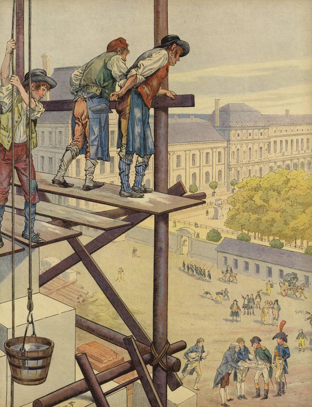 Bygningsarbeidere ser ned fra stillaset på Place des Pyramides av Jacques Marie Gaston Onfray de Breville (Job)