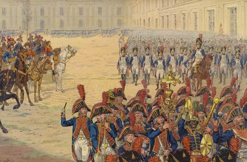 Første gjennomgang av den konsulære vakten på paradeplassen ved Tuileries-palasset av Jacques Marie Gaston Onfray de Breville (Job)