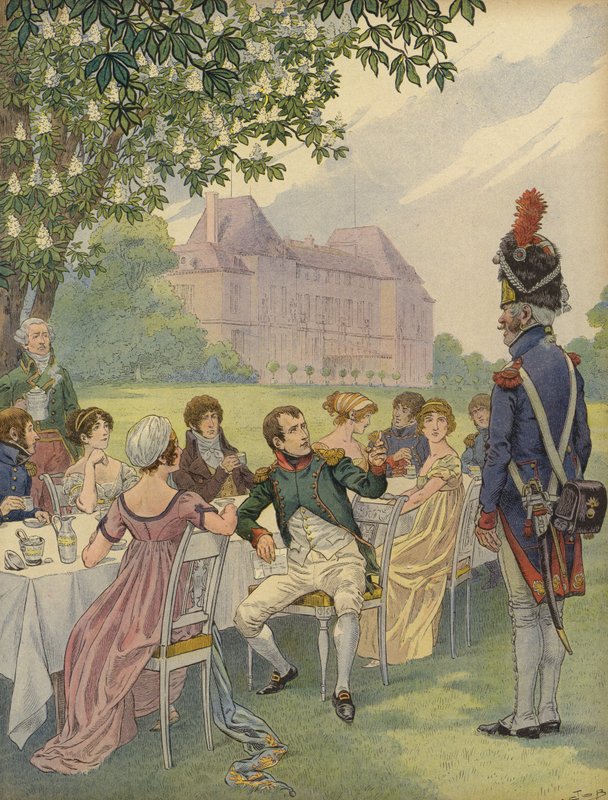 Napoleon Bonaparte og Josephine på en hagefest på eiendommen til Chateau de Malmaison av Jacques Marie Gaston Onfray de Breville (Job)