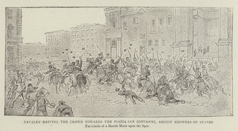 Kavaleri driver folkemengden mot Piazza San Giovanni, midt i regnbyger av James A. Shearman