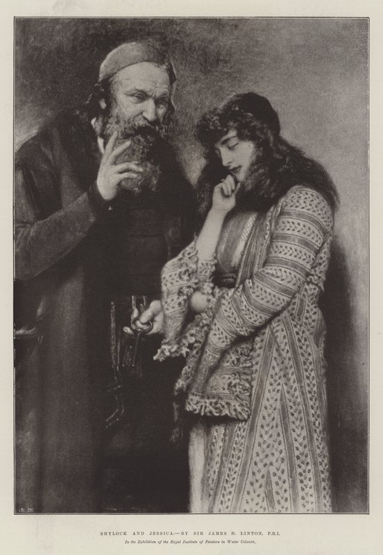 Shylock og Jessica, i utstillingen til Royal Institute of Painters in Water Colors av James Dromgole Linton