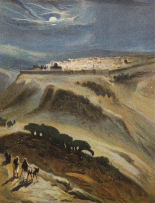 Jerusalem (måneskinn) fra Mount Scopus (farge litho) av James (after) Clark