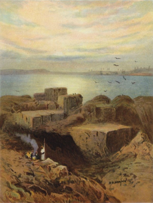 Ruiner av Babylon og hengende hager (farge litho) av James (after) Clark
