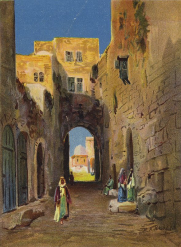 Gate som fører til tempelområdet (farge litho) av James (after) Clark