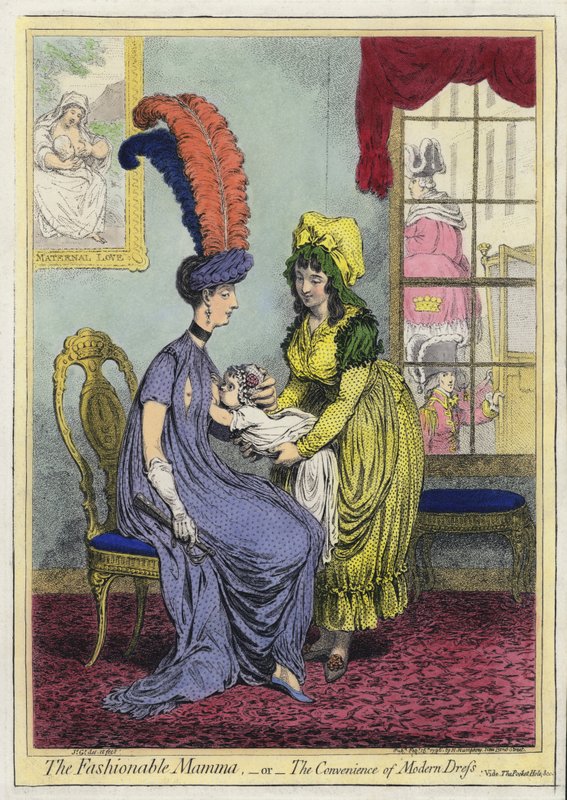 Amming, The Fashional Mamma eller The Convenience of Modern Dress (farget gravering) av James (after) Gillray