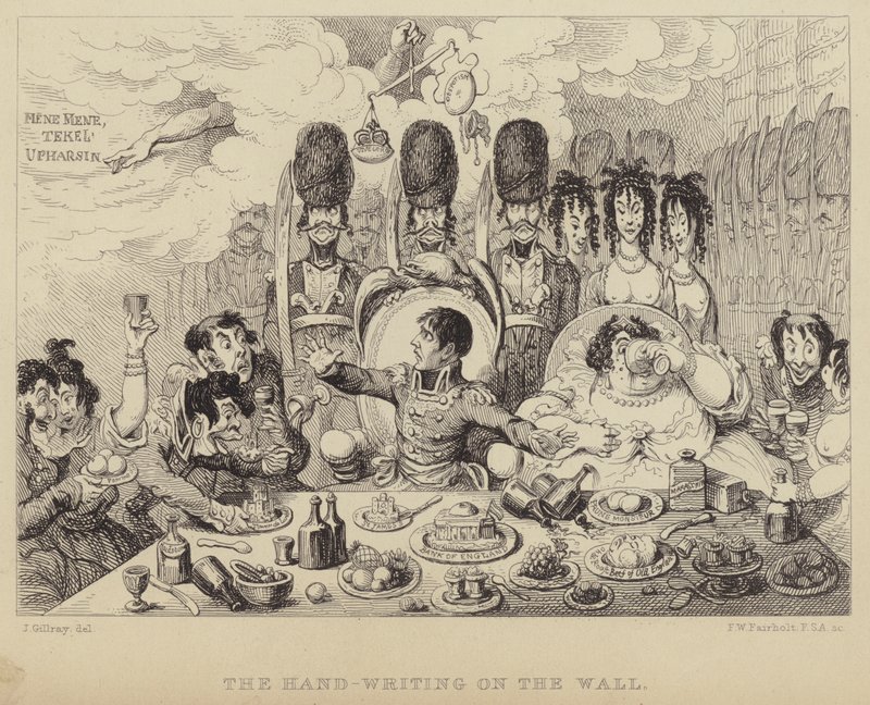Håndskriften på veggen: parodi på Belsasars fest som skildrer Napoleon og hans kone Josephine av James (after) Gillray