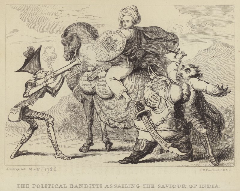 The Political Banditti Assailing the Savior of India: Warren Hastings, tidligere guvernør i Bengal, under angrep fra politikerne Edmund Burke, Charles James Fox og Lord North av James (after) Gillray