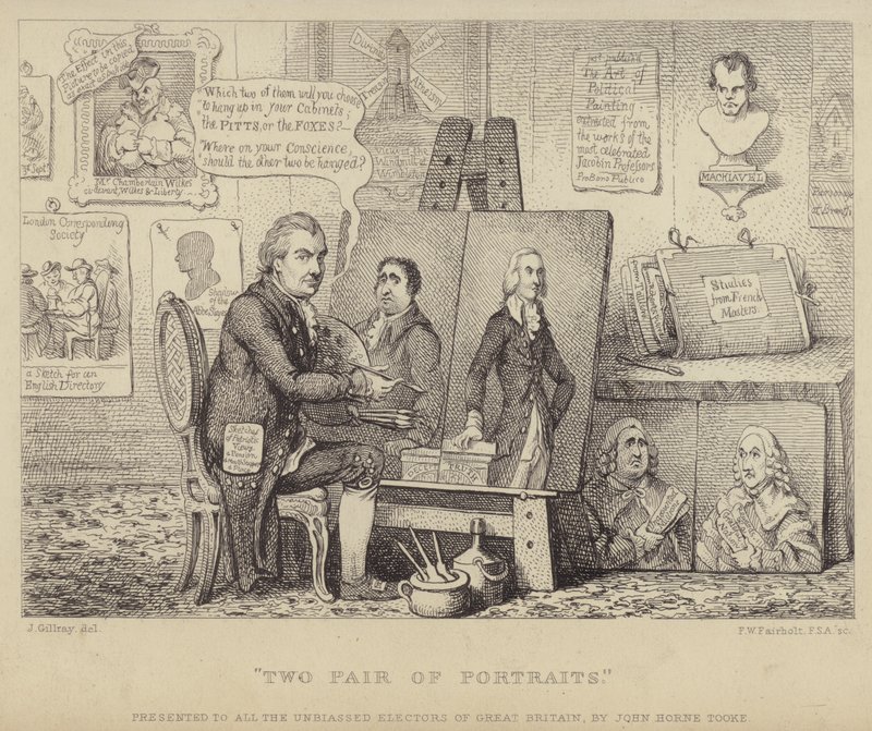 Two Pair of Portraits: anti-Whig tegneserie som viser John Henry Tooke med portretter av Charles James Fox som personifiserer last og William Pitt den yngre som representerer dyd av James (after) Gillray
