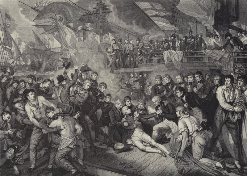 Admiral Lord Nelsons død i slaget ved Trafalgar av James (after) Heath