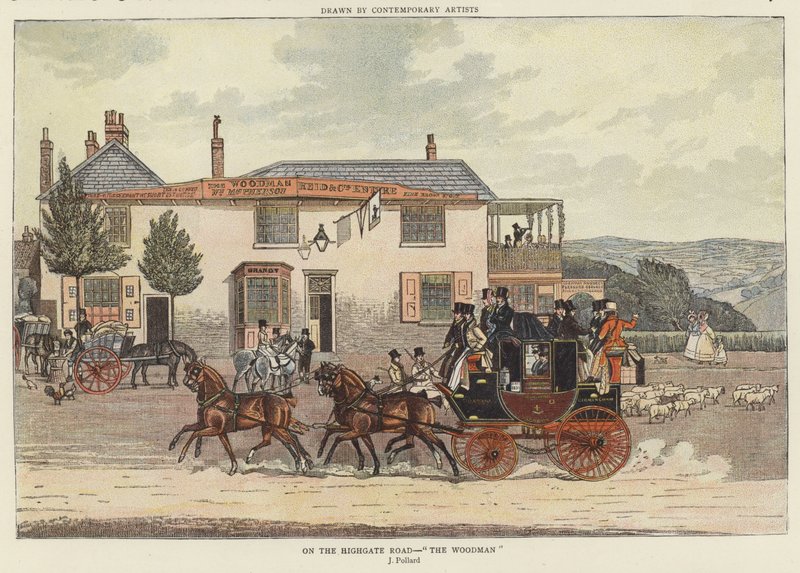 On the Highgate Road - "The Woodman" (farge litho) av James (after) Pollard