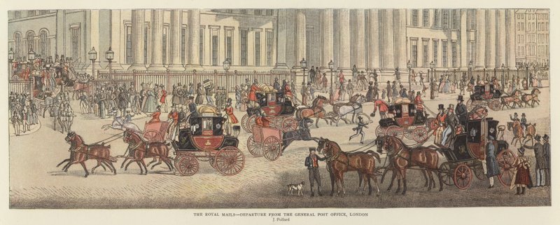 The Royal Mails - Avgang fra General Post Office, London (farge litho) av James (after) Pollard