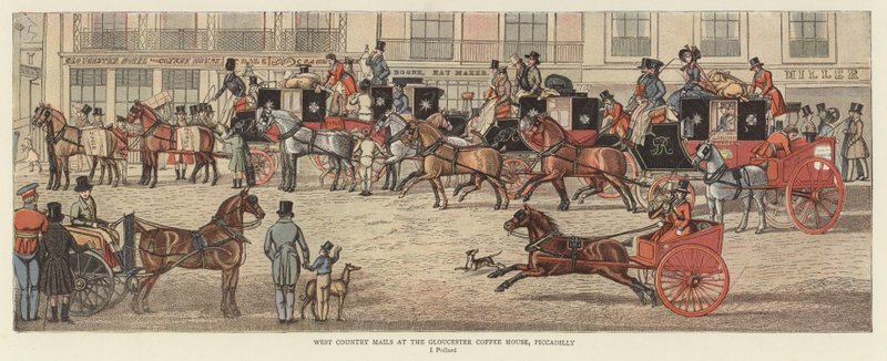West Country Mails på Gloucester Coffee House, Piccadilly (farge litho) av James (after) Pollard