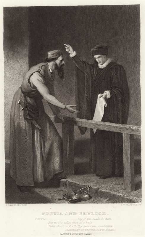 Portia og Shylock, kjøpmann i Venezia, akt IV, scene I av James Dawson Watson