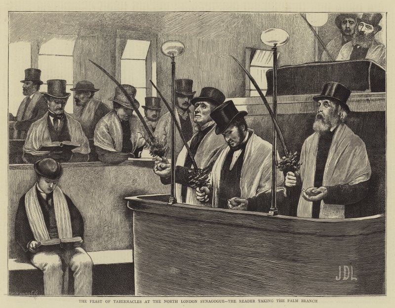 Løvhyttefesten i Nord-London-synagogen, leseren tar Palmegrenen av James Dromgole Linton
