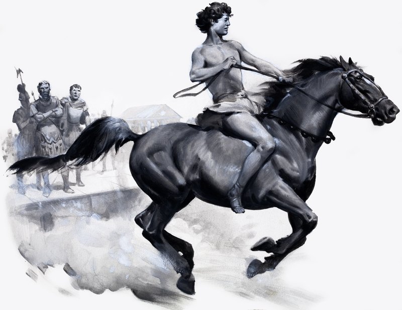 Aleksander den store rir på Bucephalus (gouache på papir) av James Edwin McConnell