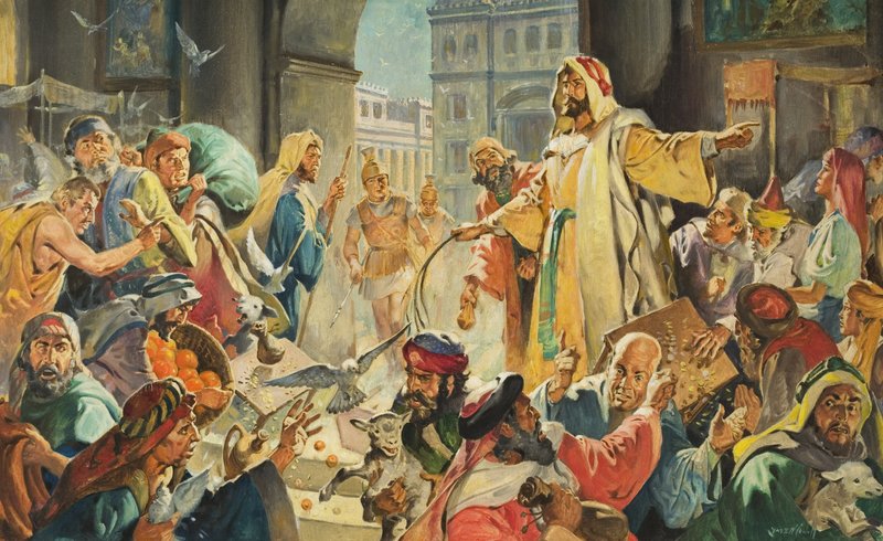 Jesus fjerner pengeutlånerne fra tempelet (gouache på papir) av James Edwin McConnell