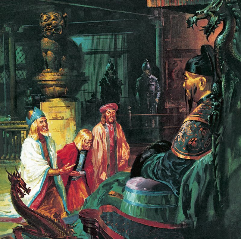 Marco Polo foran Kublai Khan, 1900-tallet (litografi) av James Edwin McConnell