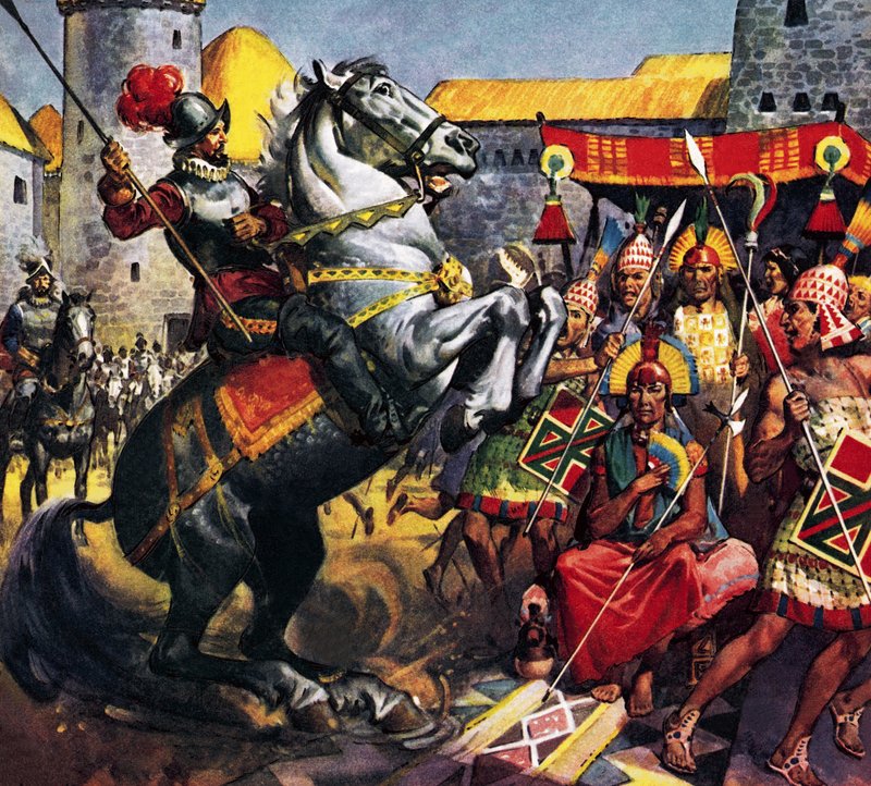 Spanjolen og inkahøvdingen (gouache på papir) av James Edwin McConnell