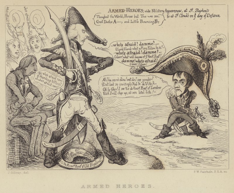 Væpnede helter: Den britiske statsministeren Henry Addington konfronterer Napoleon og trusselen om en fransk invasjon, 1803 av James Gillray